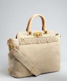 Prada beige woven canvas structured top tote bag