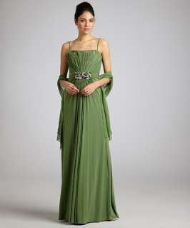 Mignon sage jersey ruched jewel detail strapless gown with chiffon 