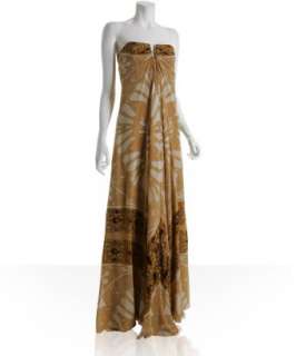 Nicole Miller gold rose window silk strapless maxi dress   up 