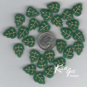 Czech Pressed Glass Leaf Beads Green / Gold Inlay 10/12  