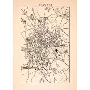  1908 Wood Engraving Granada Map Spain Alhambra San 