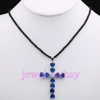 Blue Facet Heart Crystal Cross String Pendant Necklace