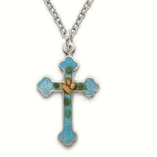 925 Silver Blue Cloisonne Flower Cross Necklace Jewel  
