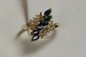 14K Gold Blue Sapphire and Diamond Waterfall Ring  