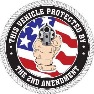   Vehicle Protected by The 2nd Amendment; round bumper sticker with flag