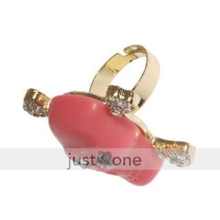 Fashion Women Lady Cubic Zirconia Big Pink Skull Shaped Design Ring 