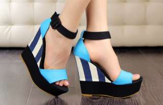   Sandals Platform Ankle Strap High Heels Stripe Fashion Womens Shoes US