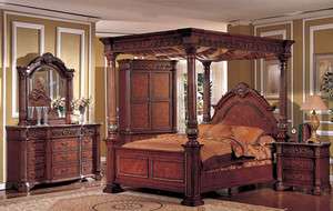 ROYAL CANTERBURY ORNATE QUEEN KING CANOPY CHERRY FINISH WOOD MARBLE 