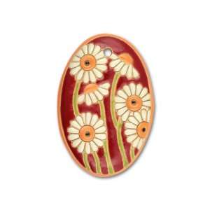  Stoneware Red with White Daisy Flowers Large Oval Pendant 