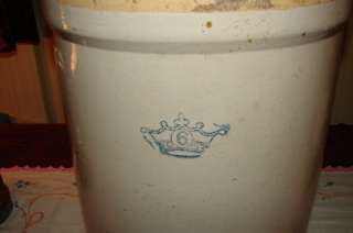 Vintage Blue Crown Stoneware 6 Gal Crock USA  
