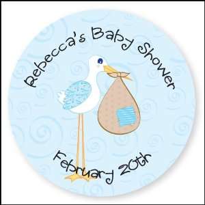  Stork Baby Boy   24 Round Personalized Baby Shower Sticker 