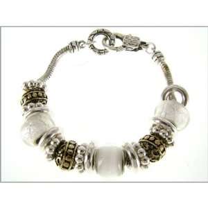 Silver Tone Linked Braclet with White and Gold Tone Accented Charms