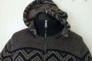 ZARA men bomber jacket parka pattern winter hoody zipper brown wool 