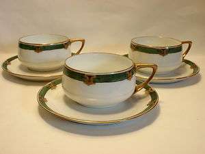   Art Deco 3 Cup and Saucer Sets Donatello Shape White Green Gold Trim