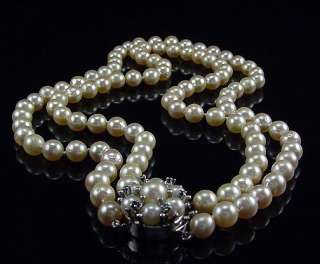 FAB VINTAGE 7MM AKOYA DOUBLE STRAND PEARL NECKLACE 14K WHITE GOLD 