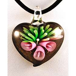 Murano style Glass Pink Lily Flower on Black and Gold Heart Pendant 