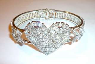 Silver Crystal Rhinestone Heart Bangle Bracelet New  