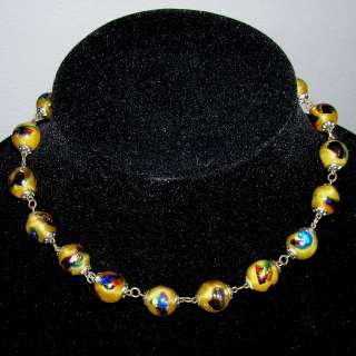   Venetian Foil Glass Bead Necklace Vintage Peacock Eye Opal Glass Beads