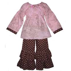 AnnLoren Girls Pink and Chocolate Toile Dots 2 piece Outfit 