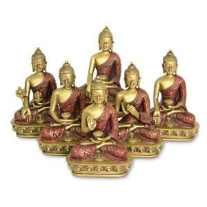  Nepali Buddha Statues, Set of 6, Gold and Red Finish 