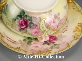 LIMOGES FRANCE HAND PAINTED ROSES & JEWELS BOUILLON CUP & SAUCER 
