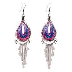 Alpaca Silver and Woven Cotton Thread Pink/ Blue Drop Earrings (Peru 