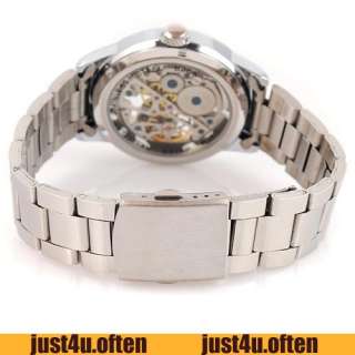   silver new mens mechanical hand wind wrist watch hollow dial  