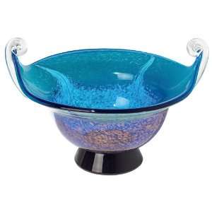  Ocean Blue and Black Glass Curled Handles Footed Bowl 