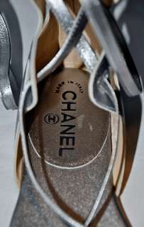 CHANEL Entre Doigts Gladiator Sandals Dark Silver Thongs CC Log 36.5 