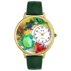 Whimsical Womens Turtles Theme Hunter Green Leather Watch   