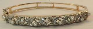   white two tone gold pearl diamond bangle bracelet vintage 22.6g  