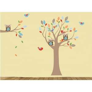  Tree Branch Set Vinyl Wall Decal with Birds Owls and Pattern Leaves 