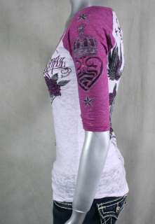 AFFLICTION womens shirt Burnout SINFUL Sage henley raglan Pink  