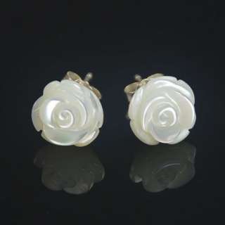   8mm White Mother of Pearl Seashell Rose Stud Earrings E010  