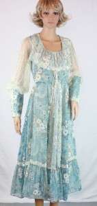   Gunne Sax Blue Floral Lace Puff Slv Hippie Boho Peasant Festival Dress