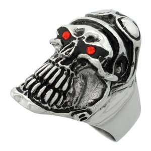   Skull Ring Helmet Goggles Red CZ Eyes 1 1/4 in. (32mm) wide, size 13