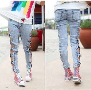 Vintage Detailed Woman Side Bow Cutout Ripped Denim Sexy Jeans 