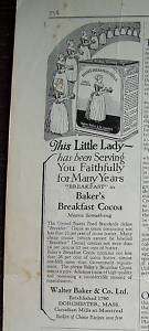 1926 Walter Baker Bakers Cocoa Little Lady Tin Ad  