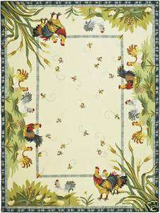 Hand hooked Roosters Wool Ivory Carpet Rug 89 x 119  