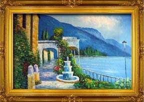 Genuine Oil Painting Greek Mediterranean Coastal Garden  
