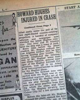 1946 HOWARD HUGHES Airplane XF 11 Crash OLD Newspaper *  