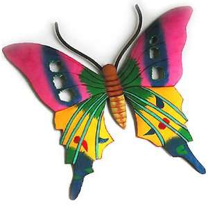  Pink & Yellow Butterfly Painted Metal Wall Hanging   13 x 