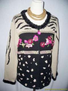 NEW Storybook Knits Cardigan Sweater L Large Flower Theme Zip Front 