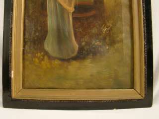   Antique VICTORIAN Lady at Well FIGURAL Landscape PORTRAIT Painting