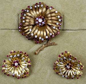 MAGNIFICENT 1950 FRENCH GOLD RUBY, DI, EARRINGS, BROOCH  