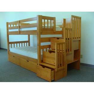 Bedz King Stairway Bunk Bed Twin over Twin in Honey with 3 Drawers 