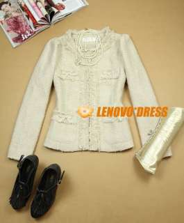   Classic Shiny Tweed Long Sleeve Jacket Coat Bowknot XS S M Beige #TV5