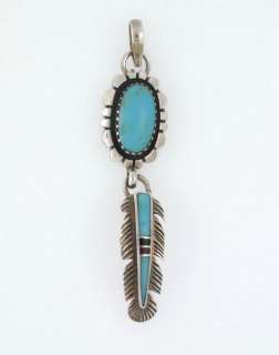Oval Turquoise Bird Feather Sterling Silver Pendant  