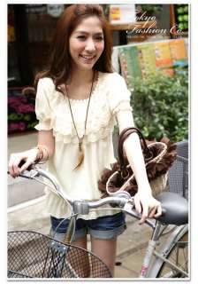 Hot Womens Crewneck Tiered Lace Wrinkle Texture Chiffon Tops Shirts 