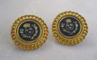 Vintage Earrings Goldtone Large Round Black Enamel Crest Design 